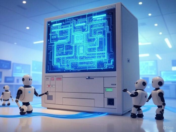 Uma ilustração em estilo cartoon de um grande e amigável computador mainframe IBM (z17) com circuitos azuis brilhantes, ambientado em um laboratório de tecnologia moderno e iluminado. O mainframe está posicionado centralmente, com pequenos robôs amigáveis interagindo com ele, representando tarefas de IA. Fluxos de dados em tons de azul circulam ao redor do mainframe. O fundo apresenta iluminação ambiente e elementos tecnológicos sutis sem distrações, mantendo uma atmosfera tecno-otimista e convidativa. A cena é iluminada com luz ambiente suave, realçando a vibe amigável e acessível da tecnologia.