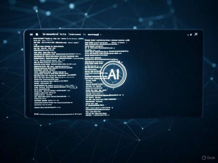 Uma fotografia de alta resolução de uma interface de janela de terminal limpa e ligeiramente futurista em um fundo escuro. Dentro do terminal, linhas de código estão sendo ativamente escritas ou modificadas por um ícone sutil e brilhante de assistente de IA, integrado ao prompt da linha de comando. O ícone de IA assemelha-se a uma rede neural suavemente iluminada. Padrões abstratos de rede sobrepõem sutilmente o fundo, complementando o tema tecnológico sem sobrecarregar o foco principal. O terminal e o ícone de IA são os elementos centrais, sem outros elementos distrativos em primeiro ou segundo plano. A composição geral enfatiza a interação entre a IA e o código, ambientada em um local com pouca luz para realçar o foco e a atmosfera.