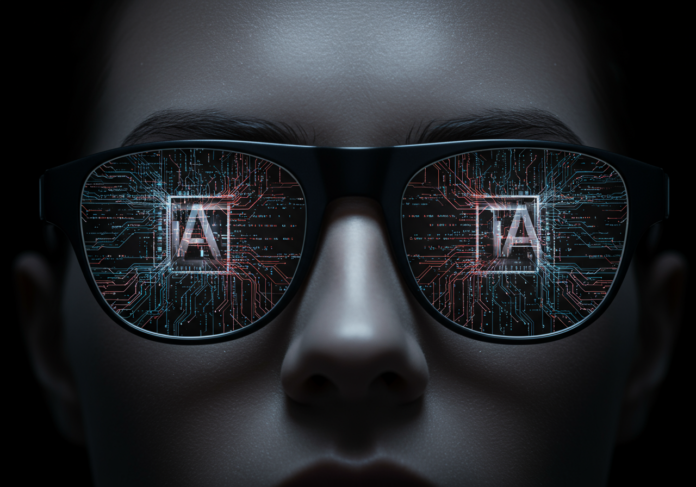 Close-up centralizado de um par de óculos inteligentes futuristas refletindo linhas de código abstratas e brilhantes, sobre um fundo escuro e tecnológico, simbolizando a evasão de software por hardware de IA.