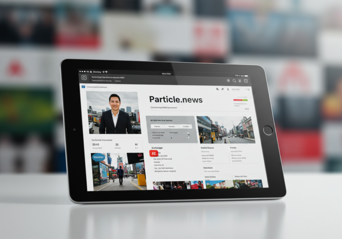 Um tablet elegante e moderno, posicionado centralmente, exibindo a interface do Particle.news. A interface mostra resumos de notícias gerados por IA, palavras-chave destacadas (entidades) e links claros para os artigos originais das editoras. O fundo é uma colagem suavemente desfocada de diversos tópicos de notícias e fluxos de dados abstratos, sugerindo a amplitude da informação processada. Estética brilhante, limpa e profissional.
