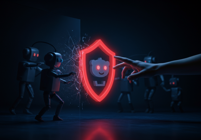 Uma mão humana estendendo-se em direção a um logo brilhante do Reddit, simbolizando proteção, com figuras de bots tênues e sombrias tentando romper uma barreira digital atrás do logo. Iluminação centralizada, dramática, estilo de arte digital.