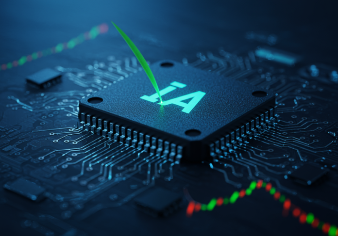 Close-up de um microchip cerebral brilhante com tons azuis e dourados, simbolizando IA, com um gráfico financeiro descendente sutilmente ao fundo e uma pequena seta verde apontando para cima no canto, representando esperança e investimento futuro, foco centralizado no chip.