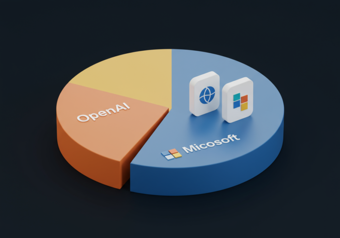 Representação simbólica do ajuste financeiro da parceria OpenAI e Microsoft: um gráfico de pizza com fatias rotuladas 'OpenAI' e 'Microsoft', onde a fatia da Microsoft está ligeiramente reduzindo, segurada ou ajustada por representações abstratas das duas empresas. Arte digital centralizada, futurista e limpa.