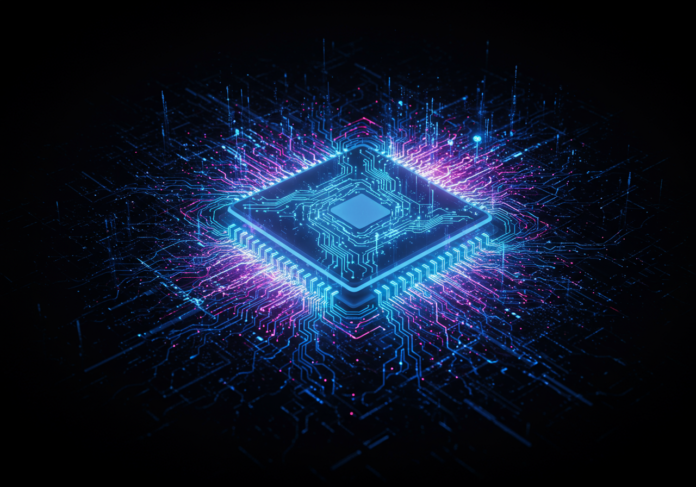 Uma representação abstrata central e brilhante de um núcleo de Inteligência Artificial gerando ativamente linhas complexas de código em um fundo escuro e futurista. Feixes de luz e fluxos de dados cercam o núcleo de IA, simbolizando processamento quase em tempo real e capacidades multimodais. Arte digital, azuis e roxos vibrantes, foco nítido no processo de geração de código.