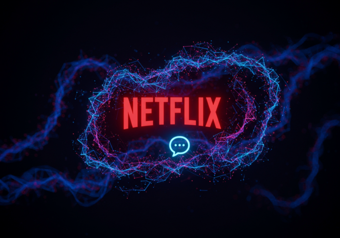 Logotipo da Netflix centralizado, entrelaçado com padrões abstratos e brilhantes de redes neurais e um ícone de balão de fala, simbolizando a busca conversacional alimentada por IA, em um fundo escuro e cinematográfico com motivos sutis de rolos de filme.