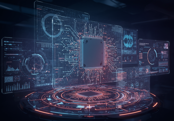 Plano centralizado de uma interface de IA futurista com circuitos brilhantes, orquestrando a criação de anúncios jogáveis envolventes para jogos mobile, exibida em múltiplas telas holográficas. Cores vivas e dinâmicas, transmitindo inovação e velocidade no mercado de jogos.