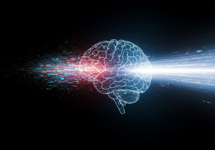 Cérebro digital estilizado e brilhante no centro, com fluxos de dados caóticos e multicoloridos entrando por um lado e se transformando em feixes de luz limpos e organizados saindo pelo outro lado. Este visual representa a IA transformando dados brutos e desorganizados em insights claros. Fundo escuro e tecnológico.