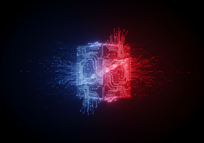 Núcleo de IA futurista, brilhando com linhas de código entrelaçadas representando o processamento de dados, incorporando sutilmente as cores nacionais francesas (azul, branco, vermelho) em seu brilho ou em elementos sutis de fundo. Foco central, estética limpa e moderna, alto detalhe.