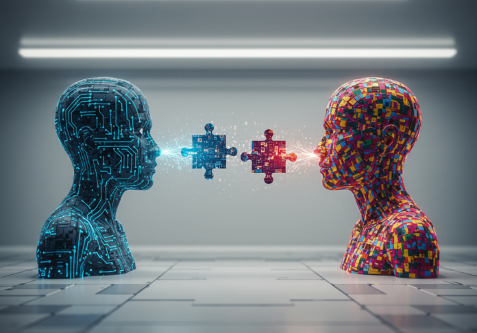 Imagem conceitual de duas entidades distintas de IA, uma com padrões sutis de circuito azul e a outra com padrões vibrantes multicoloridos, trocando fluxos de dados brilhantes ou conectando peças de quebra-cabeça em um espaço digital limpo e futurista, simbolizando interoperabilidade e colaboração. Foco central na interação.