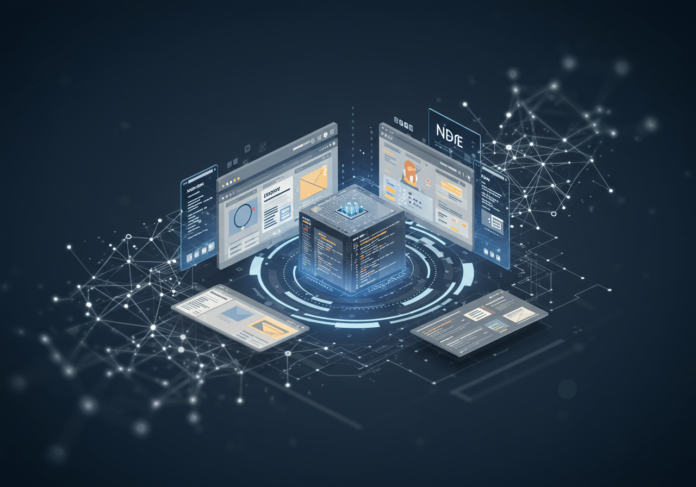 Uma interface de software de design digital elegante e futurista, exibindo a criação de websites impulsionada por IA. Elementos de websites e fragmentos de código estão sendo montados de forma inteligente em uma tela central, com padrões de rede neural brilhantes sutilmente integrados ao fundo. Estética clara e limpa.