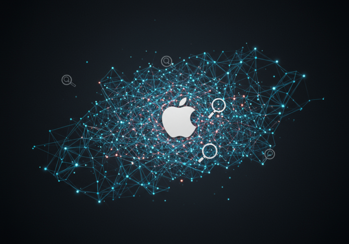 Imagem centralizada: Logotipo da Apple entrelaçado com padrões brilhantes de rede neural e uma lupa sutil, simbolizando a integração da IA nas capacidades de busca do Safari. Estética moderna, limpa e tecnológica.