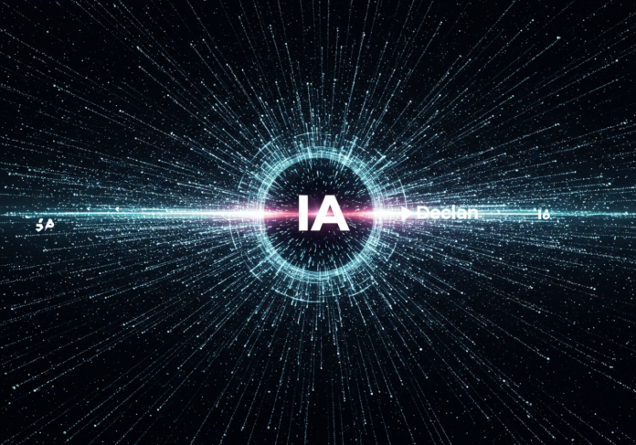 Visualização artística de fluxos de dados digitais transformando-se em insights de IA, com os nomes 'ServiceNow' e 'Declan' integrados no centro, simbolizando a aquisição e a organização de dados para inteligência artificial. Foco centralizado, estética moderna e tecnológica.