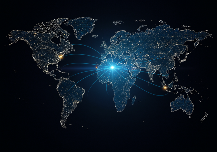 Representação digital de uma rede de dados global brilhante conectando diversos países, simbolizando a colaboração internacional em inteligência artificial, com um nó central proeminente representando a infraestrutura de IA.