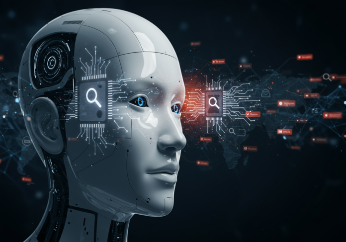 Close-up da cabeça de um robô humanoide de IA elegante e brilhante, com circuitos intrincados visíveis. Ao fundo, uma representação estilizada da internet como uma rede de luz, com ícones de busca sutilmente integrados. Os olhos da IA estão focados, sugerindo inteligência acessando dados da web. Composição centralizada, estética moderna.