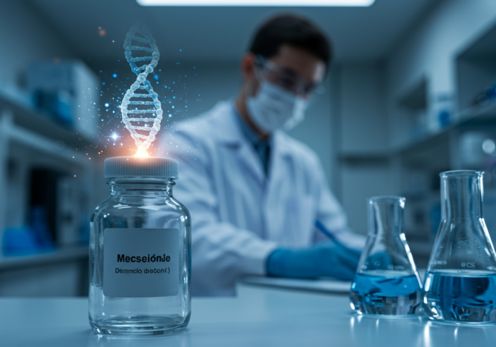 Close-up de um frasco de remédio futurista com um holograma de uma molécula de DNA brilhando acima dele, em um laboratório limpo e moderno, com um cientista focado ao fundo, luz suave e cinematográfica.