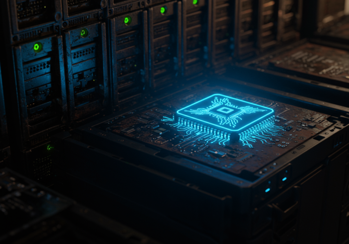 Um microchip de IA pequeno, altamente eficiente e de cor azul brilhante, posicionado centralmente, contrastando fortemente com um fundo de grandes racks de servidores desatualizados e mal iluminados. Estética futurista e minimalista.