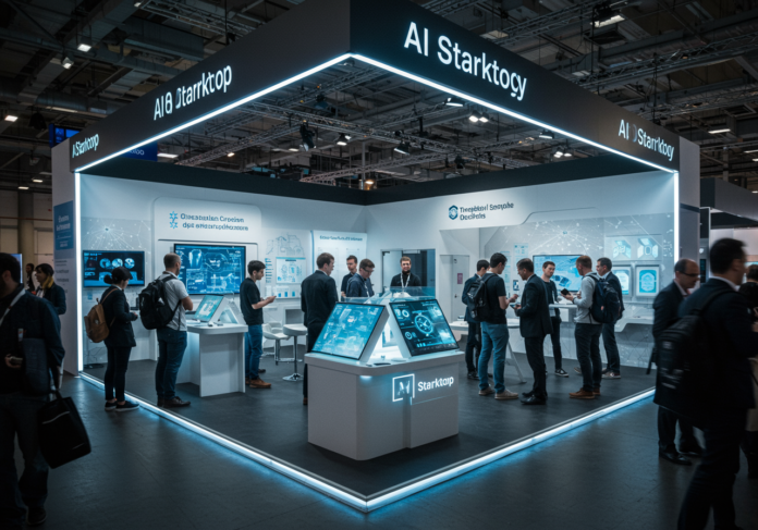 Plano dinâmico de um movimentado salão de exposições de uma conferência de tecnologia de IA, com o estande de uma startup em destaque central com displays holográficos brilhantes mostrando inovação, diversos participantes interagindo e se engajando com o estande, transmitindo entusiasmo e oportunidade. Estética brilhante, moderna e levemente futurista.