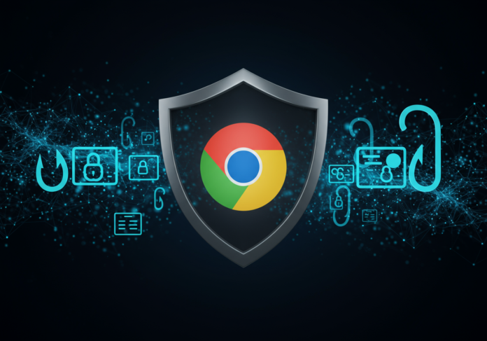 Escudo digital com o logo do navegador Chrome em seu centro, desviando representações estilizadas de anzóis de phishing e mensagens de spam, com um padrão de rede neural de IA subjacente brilhando sutilmente ao fundo, transmitindo segurança cibernética robusta e proteção orientada por IA, assunto centralizado.
