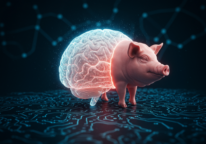 Ilustração conceitual de um cérebro digital brilhante com um cofrinho de porco sobreposto ou ao lado, simbolizando economia e inteligência artificial. Símbolo do Google ou 'G' sutilmente integrado. Fundo com estética de rede neural ou circuito digital. Foco centralizado no cérebro e cofrinho.