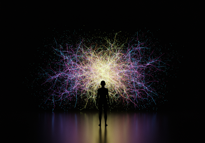 Uma silhueta humana central e estilizada, representando liderança, diante de uma rede neural complexa e intensamente brilhante, simbolizando a pesquisa avançada em IA no Meta.