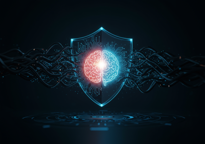 Imagem centralizada representando a segurança de dados de IA, mostrando um escudo estilizado com um padrão de placa de circuito protegendo um cérebro brilhante de gavinhas de dados sombrias. O clima geral deve ser sério e tecnológico.