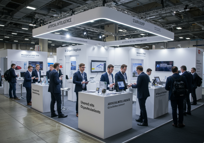 Um vibrante e moderno salão de exposições focado em Inteligência Artificial, com diversos participantes interagindo com estandes de startups. O foco central é uma mesa de expositor bem iluminada, apresentando tecnologia inovadora de IA, com empreendedores interagindo com potenciais investidores. Atmosfera brilhante, futurista e otimista.