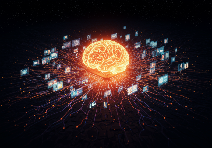 Um cérebro de IA central e brilhante que gera uma vasta gama de criativos de anúncios digitais diversos que emanam para o exterior, em um fundo futurista elegante e escuro, hiperdetalhado, com iluminação cinematográfica.