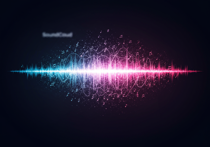 Representação abstrata de ondas sonoras se transformando em uma rede neural brilhante, com notas musicais sutis integradas. O logo do SoundCloud é levemente visível ao fundo, desfocado. O efeito principal de transformação está localizado centralmente. Estética moderna e tecnológica.