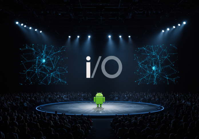 Visão futurista do logo do Google I/O combinado com elementos de inteligência artificial como redes neurais e o mascote do Android, em um palco iluminado, simbolizando anúncios de tecnologia, centralizado.