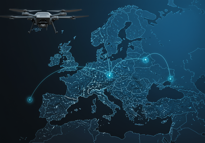 Uma ilustração estilizada mostrando um projeto de tecnologia avançada de drones sobreposto a um mapa da Europa, com linhas de rede brilhantes conectando vários pontos, simbolizando o investimento de capital de risco fluindo para startups europeias de defesa. Composição centralizada, estética de tecnologia moderna.