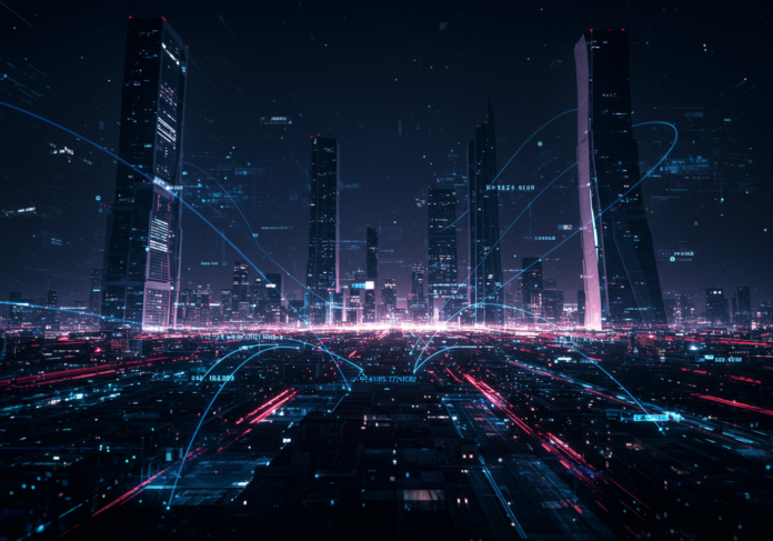 Paisagem urbana futurista de Riade à noite, fluxos de dados brilhantes conectando arranha-céus, sobrepostos com padrões abstratos de redes neurais, foco central, estilo hiper-realista.