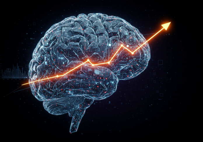 Um cérebro estilizado feito de circuitos digitais brilhantes, com um gráfico de linha sobreposto mostrando crescimento inicial rápido seguido por um platô ou desaceleração, representando os limites do progresso do raciocínio da IA. Foco central, estética tecnológica futurista.