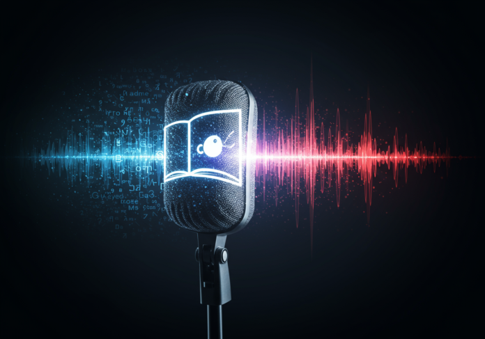 Close-up de um microfone moderno com um padrão de circuito de IA brilhante, transformando uma onda sonora em múltiplos idiomas escritos (por exemplo, Inglês, Espanhol, Francês) acima de um símbolo de audiolivro aberto, centralizado, estilo de arte digital.