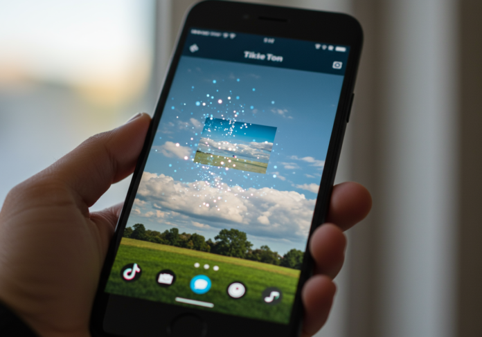 Um smartphone na mão, com a tela exibindo a interface do aplicativo TikTok. Na tela, uma fotografia estática de natureza (por exemplo, uma paisagem com céu e árvores) está se transformando em um vídeo animado. Um sutil desfoque de movimento indica o movimento de nuvens ou folhas, e partículas digitais suaves e brilhantes emanam da imagem, simbolizando o processamento por IA. O efeito de transformação é claramente o foco principal. O fundo é neutro e levemente desfocado para direcionar a atenção para a tela do telefone.