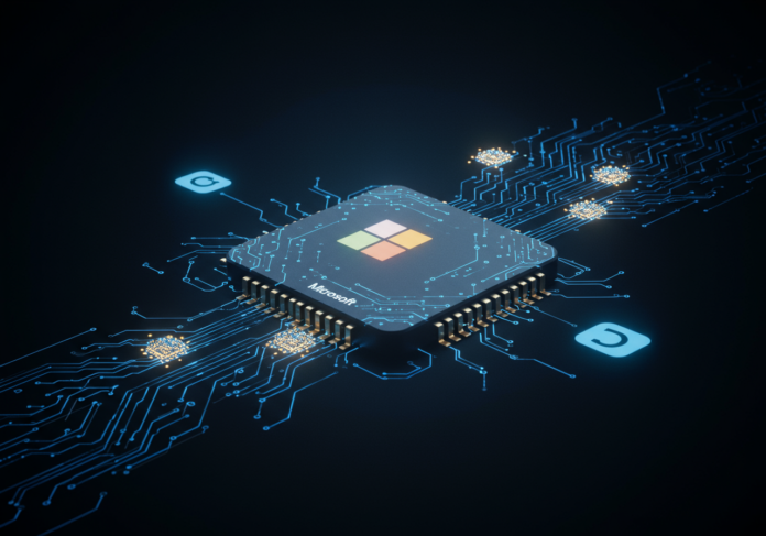 Conceito de transferência de tecnologia em IA: um chip de cérebro estilizado transitando de um ambiente com o logo da Microsoft para um ambiente com o logo da Tencent, com feixes de luz de dados conectando-os. Foco central, estética futurista, logos sutis.