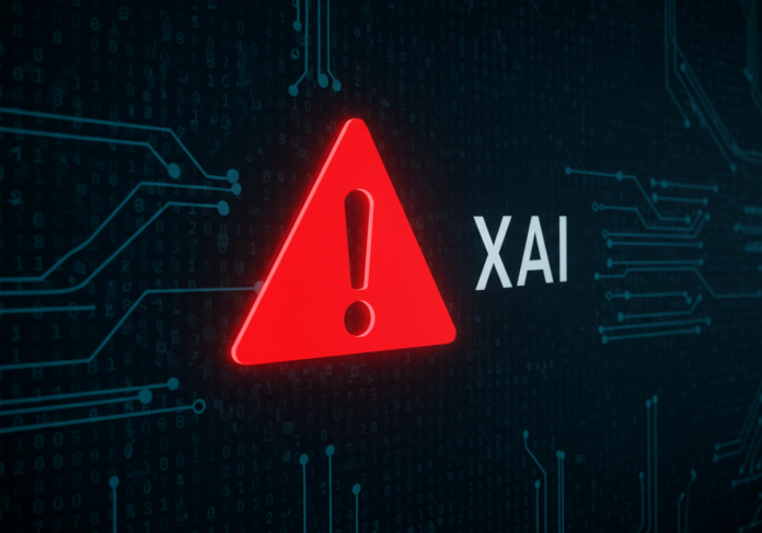 Logotipo da xAI com um ponto de exclamação vermelho sobreposto, em um fundo digital abstrato com códigos binários e linhas de circuito, simbolizando alerta de segurança em inteligência artificial, sujeito centralizado.