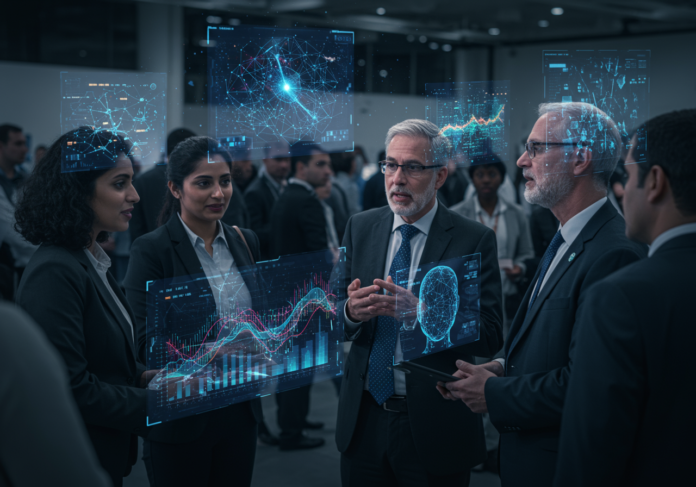 Um grupo diversificado de profissionais engajados em uma discussão vibrante em uma conferência de IA, com representações holográficas de redes neurais interagindo com fluxos de dados ao fundo, imagem centralizada.