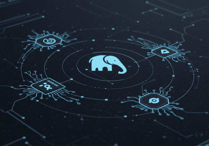 Logotipos da Databricks e Neon se fundindo em um ambiente digital futurista, com fluxos de dados abstratos e padrões de rede neural de IA ao redor, com um ícone sutil do elefante do PostgreSQL integrado, tudo centralizado em um fundo limpo e moderno.