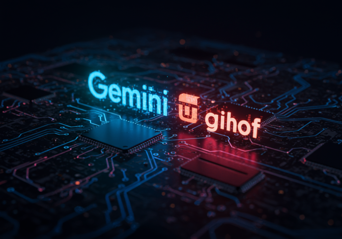 Logotipo do Google Gemini e do GitHub conectados por uma ponte de código binário brilhante, sobre um fundo de circuito futurista, com o tema centralizado.