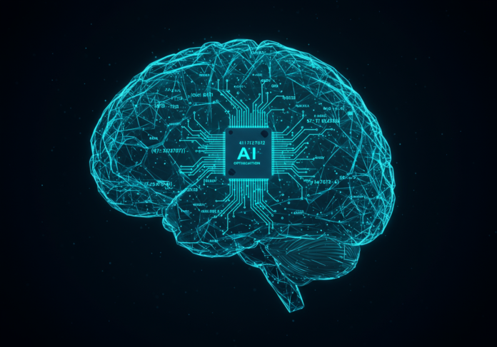 Cérebro digital com nós brilhantes interconectados refinando meticulosamente algoritmos complexos, simbolizando otimização e resolução de problemas impulsionadas por IA, foco central, estética futurista com linhas limpas e uma paleta de cores azul/verde-azulado.