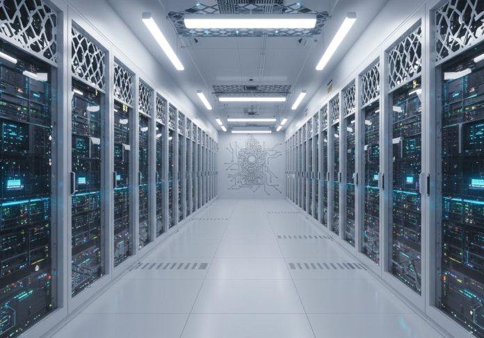 Centro de dados de IA futurista com servidores brilhantes, incorporando sutilmente elementos arquitetônicos que lembram os Emirados Árabes Unidos, estética clara e limpa, composição centralizada.