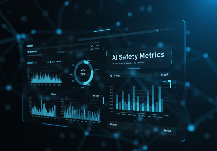Uma interface de painel digital elegante e moderna, exibindo de forma proeminente gráficos e marcas de verificação verdes sob o título 'Métricas de Segurança de IA', simbolizando transparência e avaliação rigorosa, com um toque sutil de um padrão de rede neural ao fundo, centralizada.