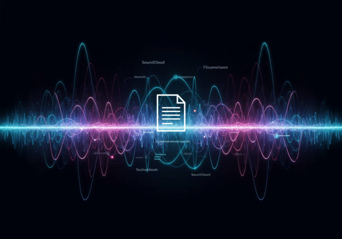 Imagem abstrata de ondas sonoras se entrelaçando com padrões de redes neurais, com uma sobreposição sutil de um ícone de documento, representando a interseção de música, inteligência artificial e mudanças de política do SoundCloud. Foco central.