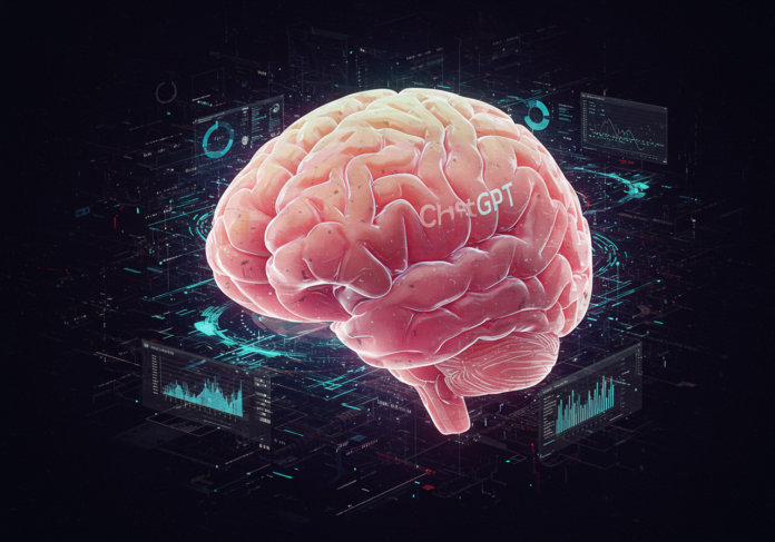 Conceito visual de um cérebro de IA brilhante processando e otimizando linhas de código em um ambiente digital futurista, com o logo do ChatGPT proeminente e centralizado.