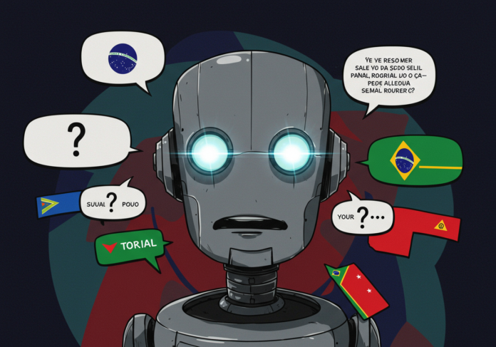 Um robô com uma expressão confusa e olhos brilhantes, com balões de fala ao seu redor contendo bandeiras da África do Sul e pontos de interrogação, em um fundo digital abstrato, estilo cartoon moderno, centralizado.