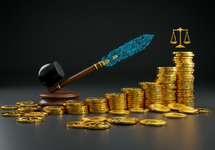 Representação artística de um martelo de juiz futurista com circuitos de IA brilhantes, sobre uma pilha crescente de moedas de ouro digitais, simbolizando investimento e crescimento no setor de legal tech. Fundo neutro e moderno, imagem centralizada.