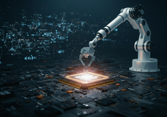 Braço robótico futurista alimentado por IA montando meticulosamente um microchip avançado e brilhante em uma placa de circuito complexa, com fluxos de dados digitais e padrões abstratos de redes neurais ao fundo. O microchip e o braço robótico devem ser o foco central, transmitindo precisão e alta tecnologia.