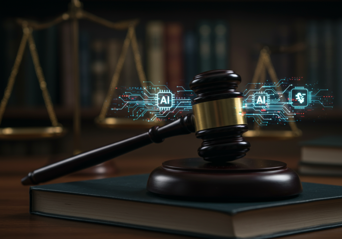 Um martelo repousando sobre um livro de leis, com linhas digitais brilhantes representando código de IA entrelaçando-se ao redor dele, uma linha falhando ou mostrando um símbolo de erro, tendo como pano de fundo um tribunal. Foco central no martelo e na interação da IA.