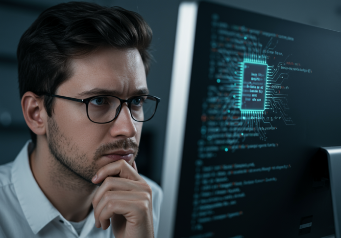 Close-up de um engenheiro de software com expressão pensativa e um pouco preocupada, olhando para um monitor de computador. Na tela, linhas de código são visíveis, com um brilho sutil e abstrato representando inteligência artificial sobreposto ou integrado ao código. O rosto do engenheiro e a tela devem ser o foco central.