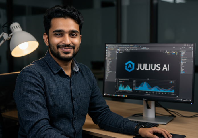 Um jovem empresário de tecnologia indiano, sorrindo com confiança, em frente a um monitor exibindo gráficos de análise de dados e o logo 'Julius AI'. O fundo é um escritório moderno e iluminado. O sujeito está centralizado na imagem. Estilo fotorrealista.